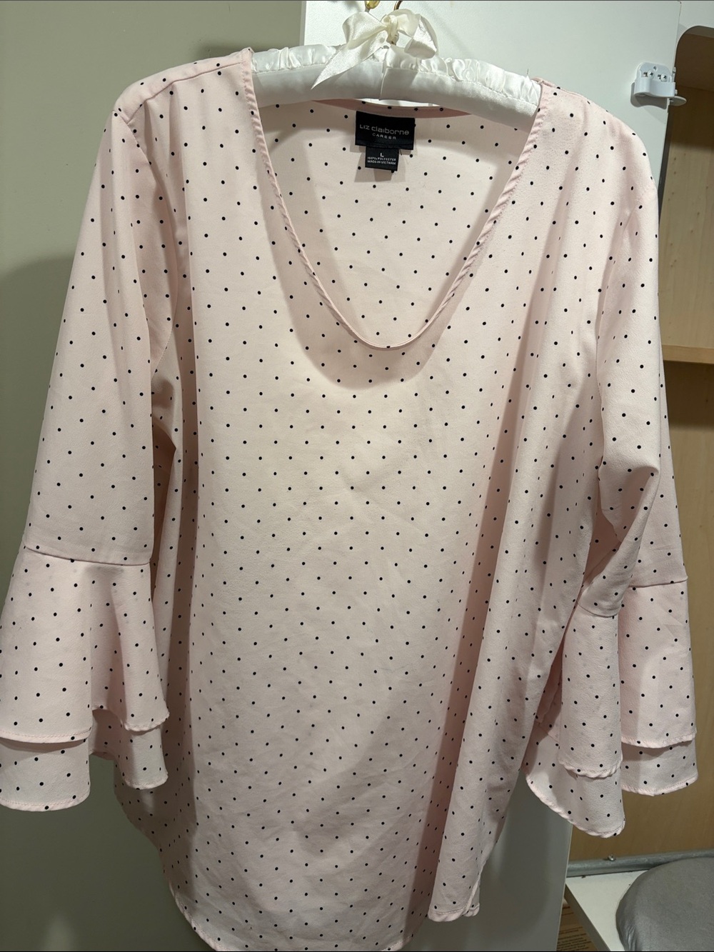 Liz Claiborne Light Pink Polka Dot Bell Sleeve Blouse